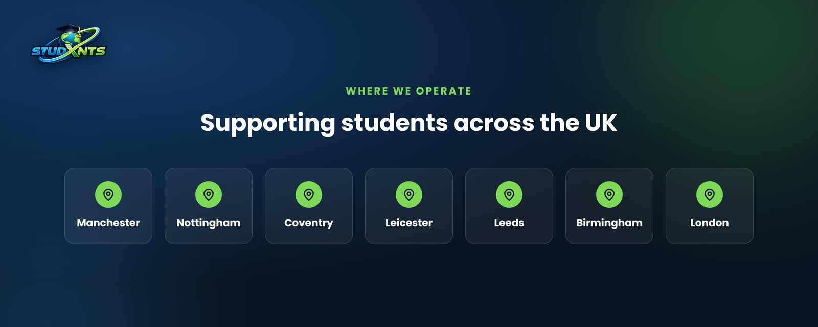 Studxnts supports students in Manchester, Nottingham, Coventry, Leicester, Leeds, Birmingham and London